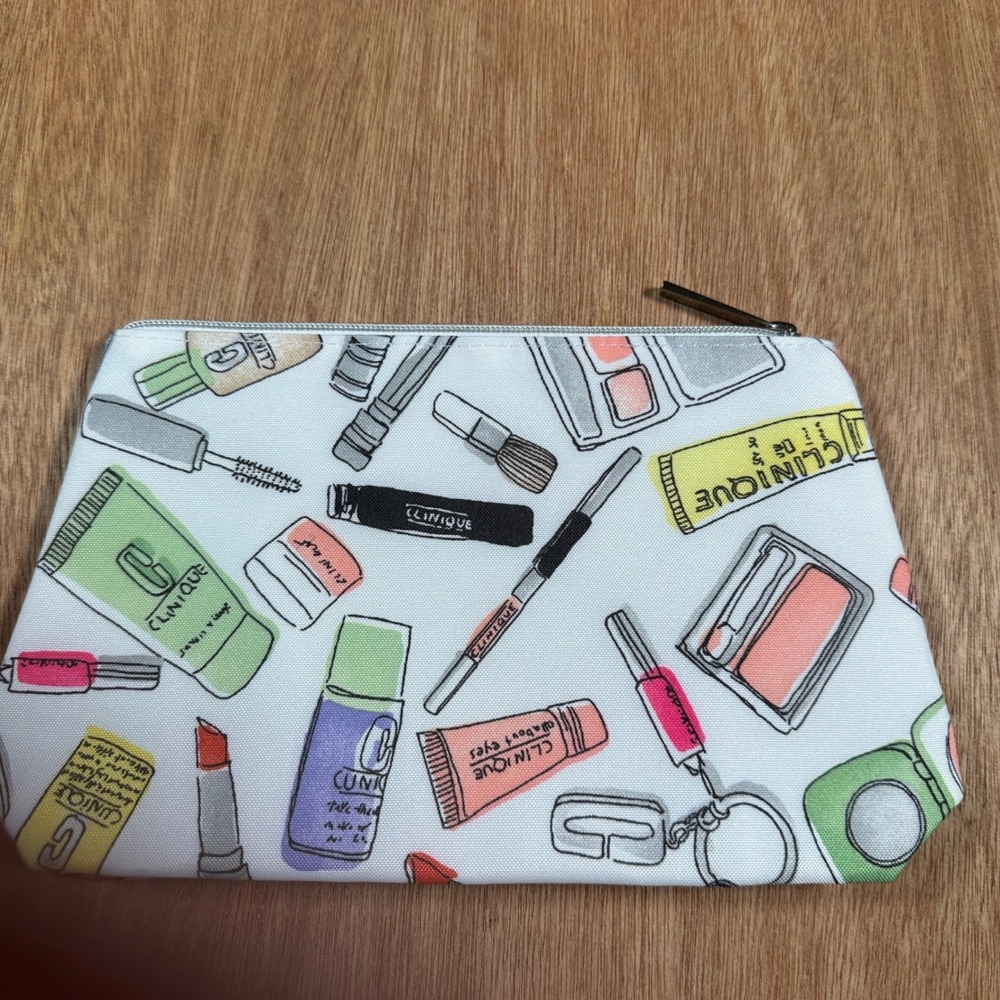 Clinique Cosmetic Bag Womens White Multi Color Makeup Pouch Travel Case GWP